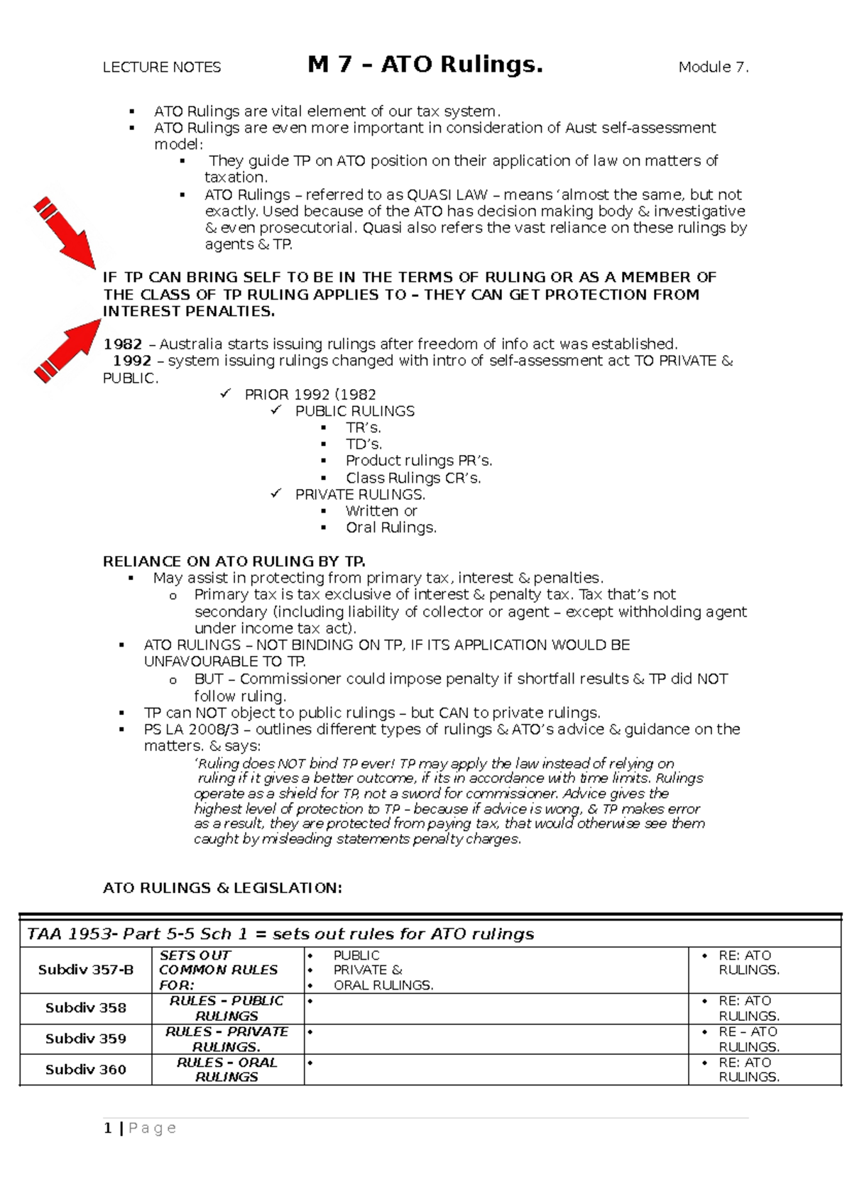 M 7 - Lecture Notes - ATO Rulings are vital element of our tax system ...