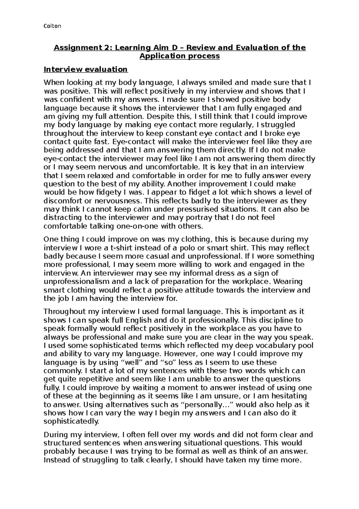 Assignment 2 - performance assessment - Assignment 2: Learning Aim D ...