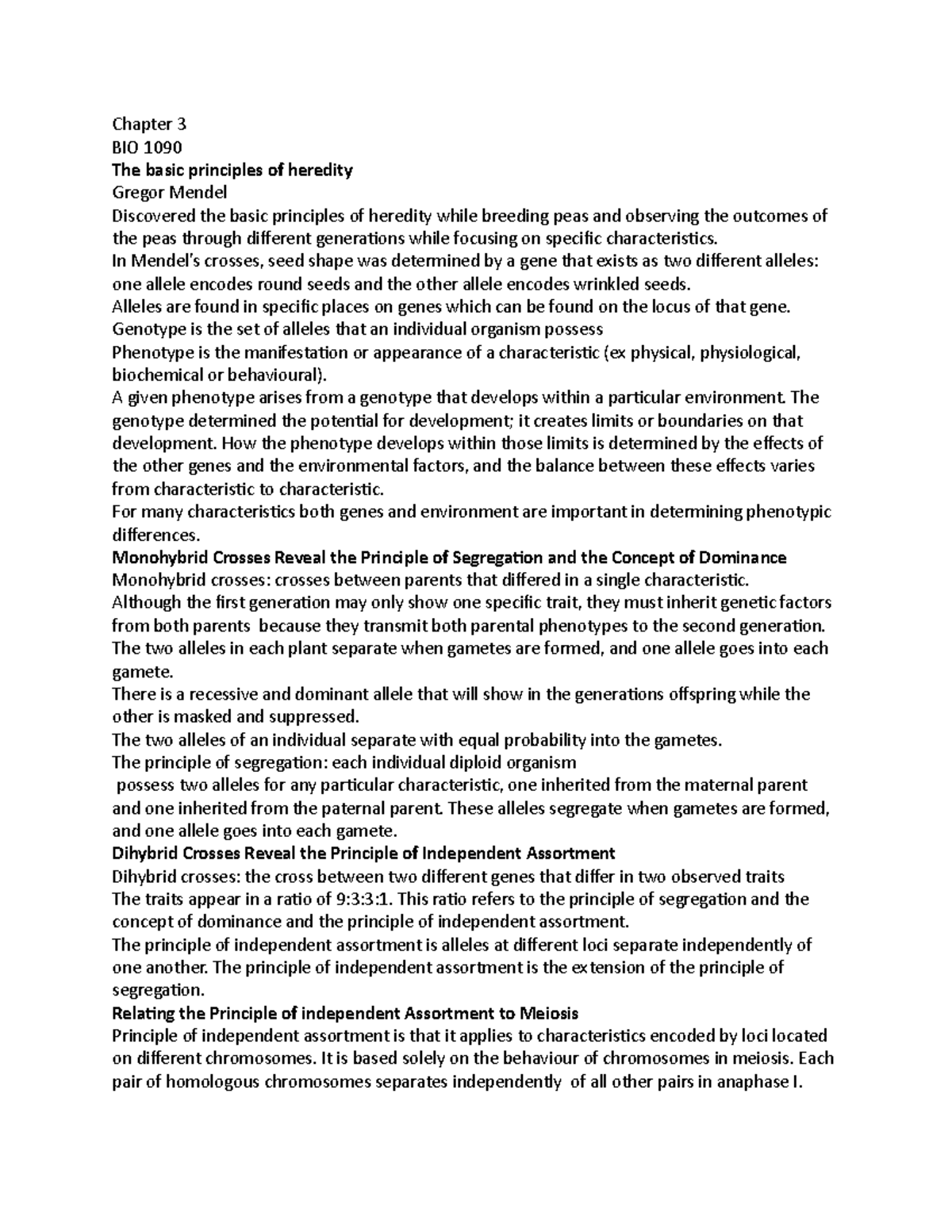 Chapter 3 - notes - Chapter 3 BIO 1090 The basic principles of heredity ...