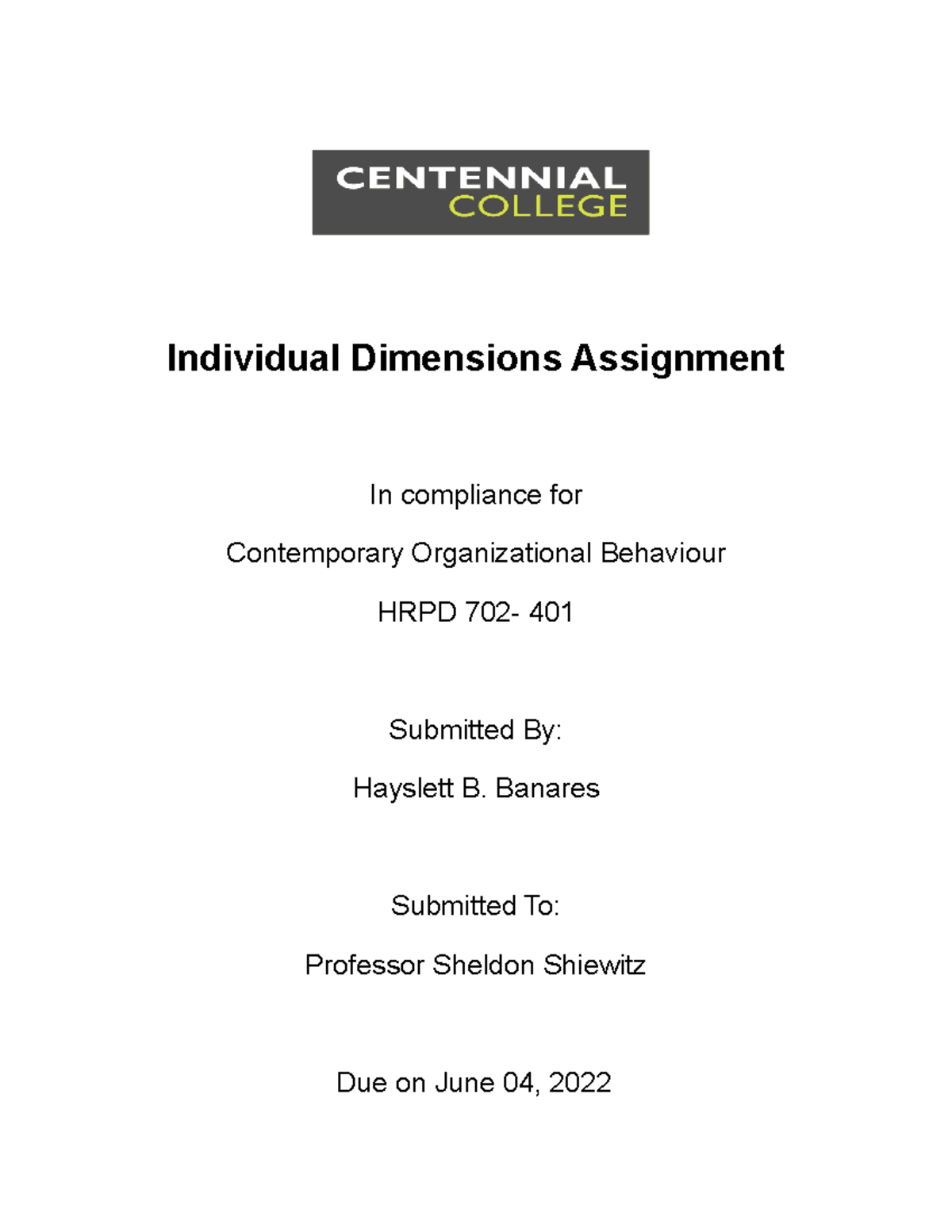 Individual Dimensions Assignment - Banares Submitted To: Professor ...
