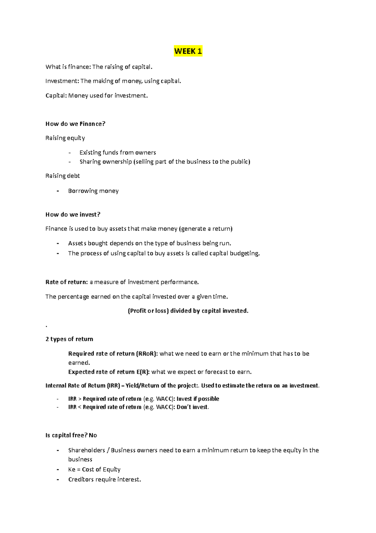 Lectures notes WEEK 1 What is finance The raising of
