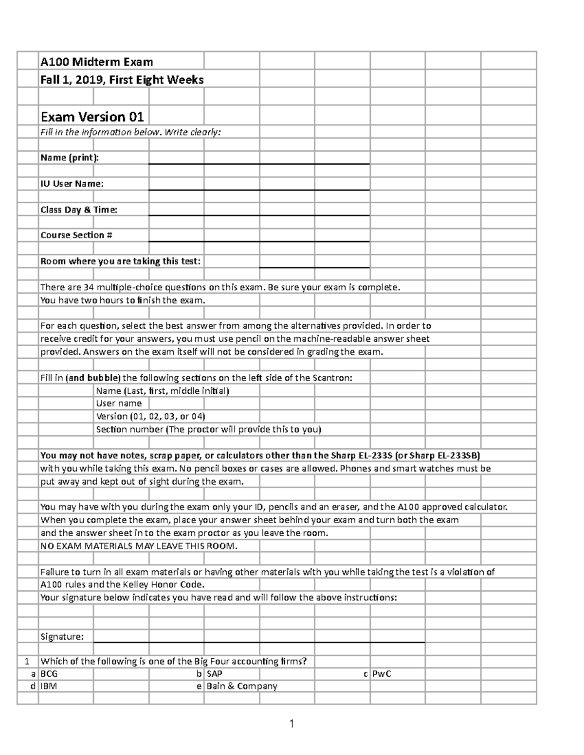 Practice Midterm, Fall 1, 2019 - A100 Midterm Exam Fall 1, 2019, First ...