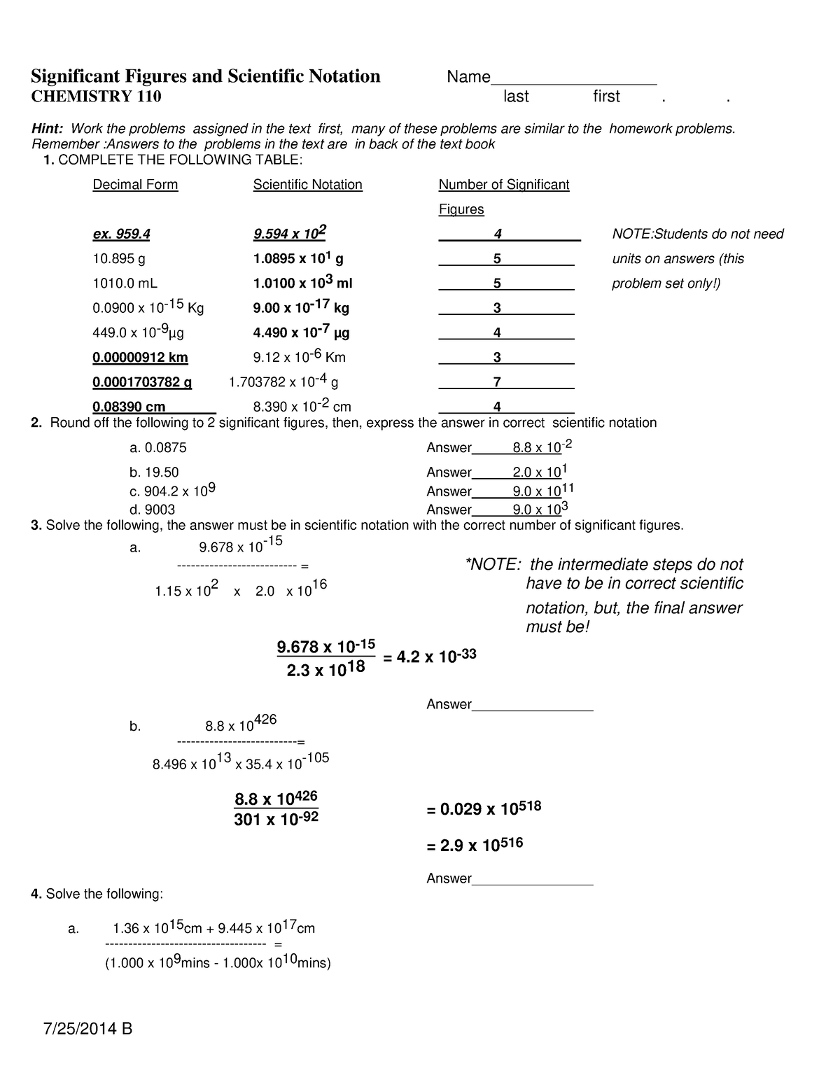 110 WS Significant Figures and Scientific Notation key - 7/25/2014 B ...