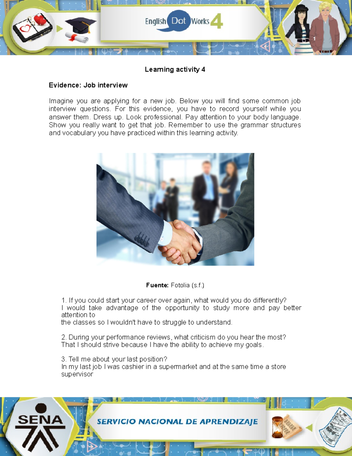 Evidence Job interview - Learning activity 4 Evidence: Job interview ...