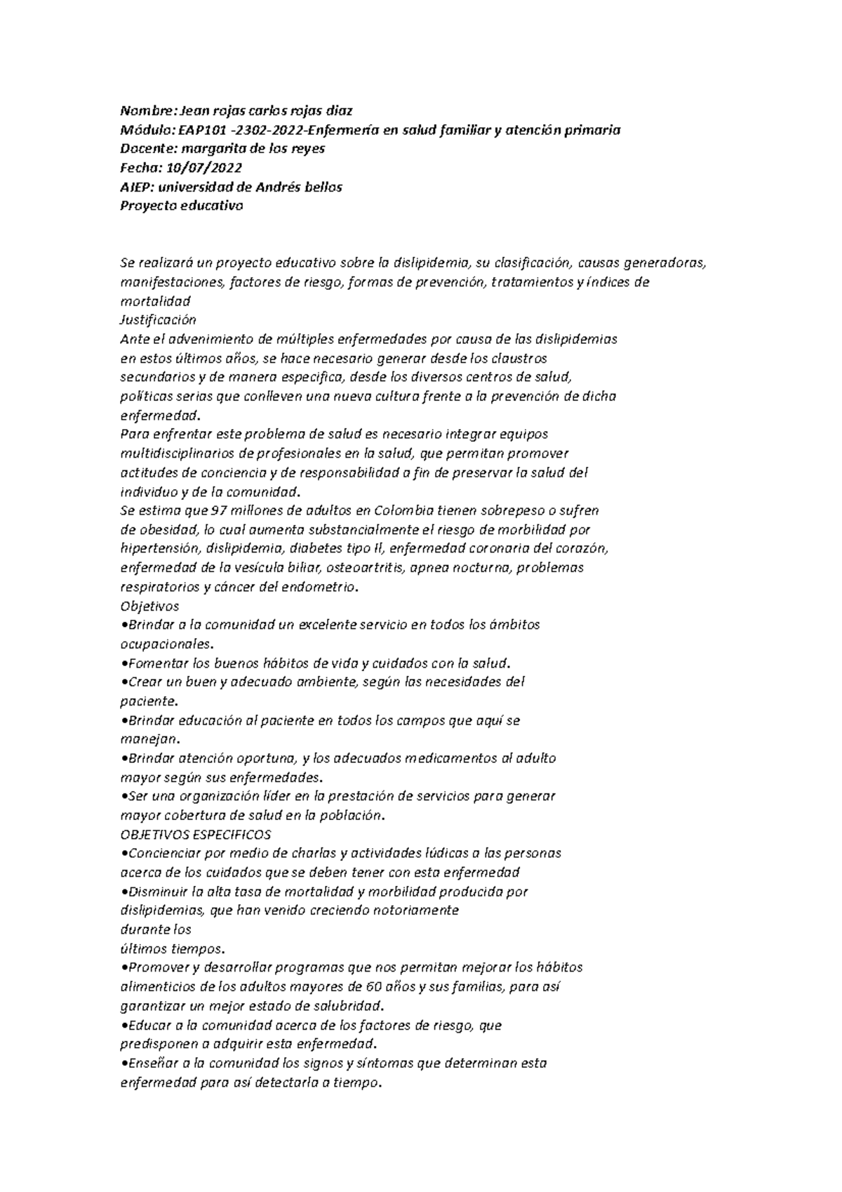 Proyecto educativo 2 - AIEP - Nombre: Jean rojas carlos rojas diaz ...