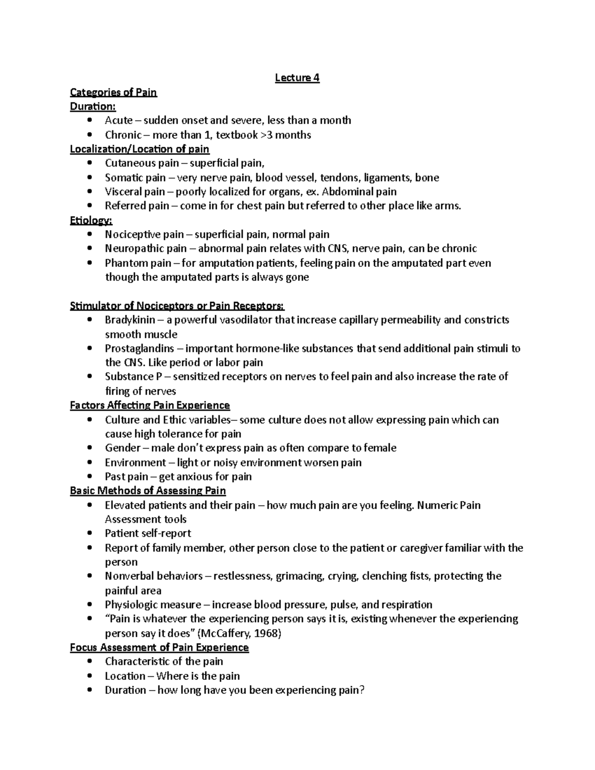NURS 402 Exam 2 Lecture 4 Categories Of Pain Duration Acute Sudden 