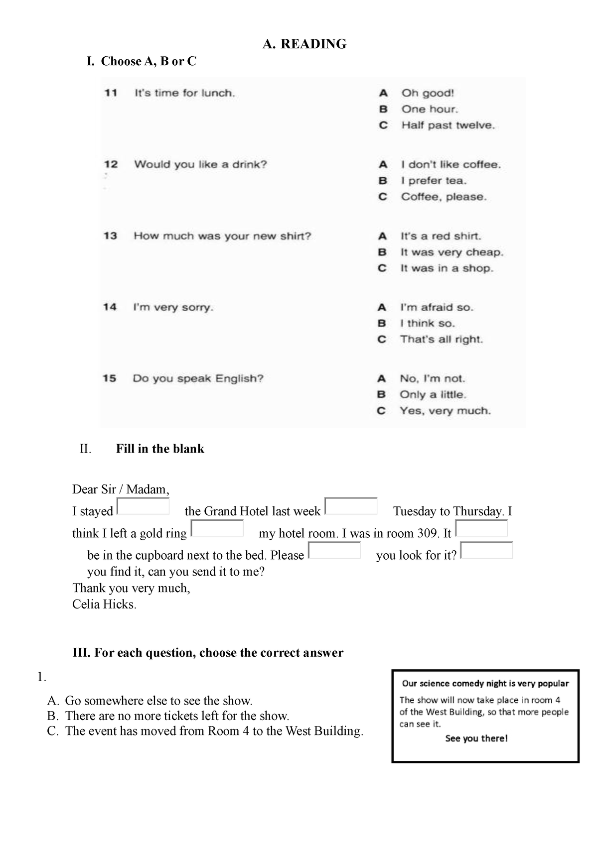 Reading+ Listening Test 1 - A. Reading I. Choose A, B Or C Ii. Fill In 