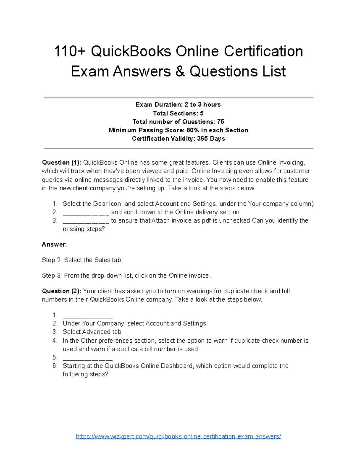 Quick Books Online Certification Exam Answers Questions - 110 ...