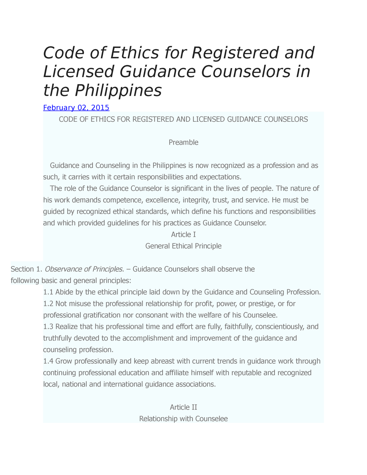 Code Of Ethics For Registered And Licensed Guidance Counselors In The Studocu