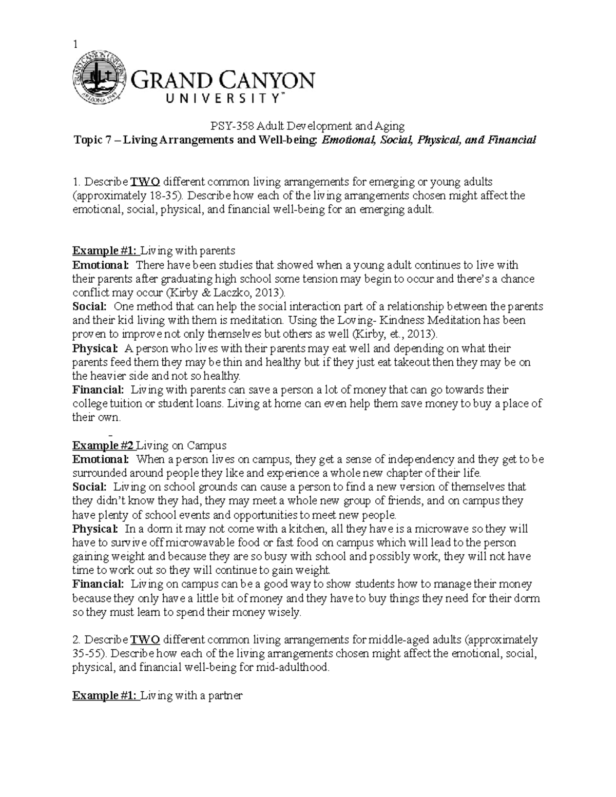 PSY358 Living Arrangements WellBeing, JT PSY358 Adult Development