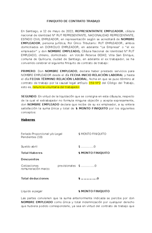 Finiquito Modelo - FINIQUITO DE CONTRATO TRABAJO En Santiago, a 12 de mayo  de 2022, REPRESENTATNTE - Studocu