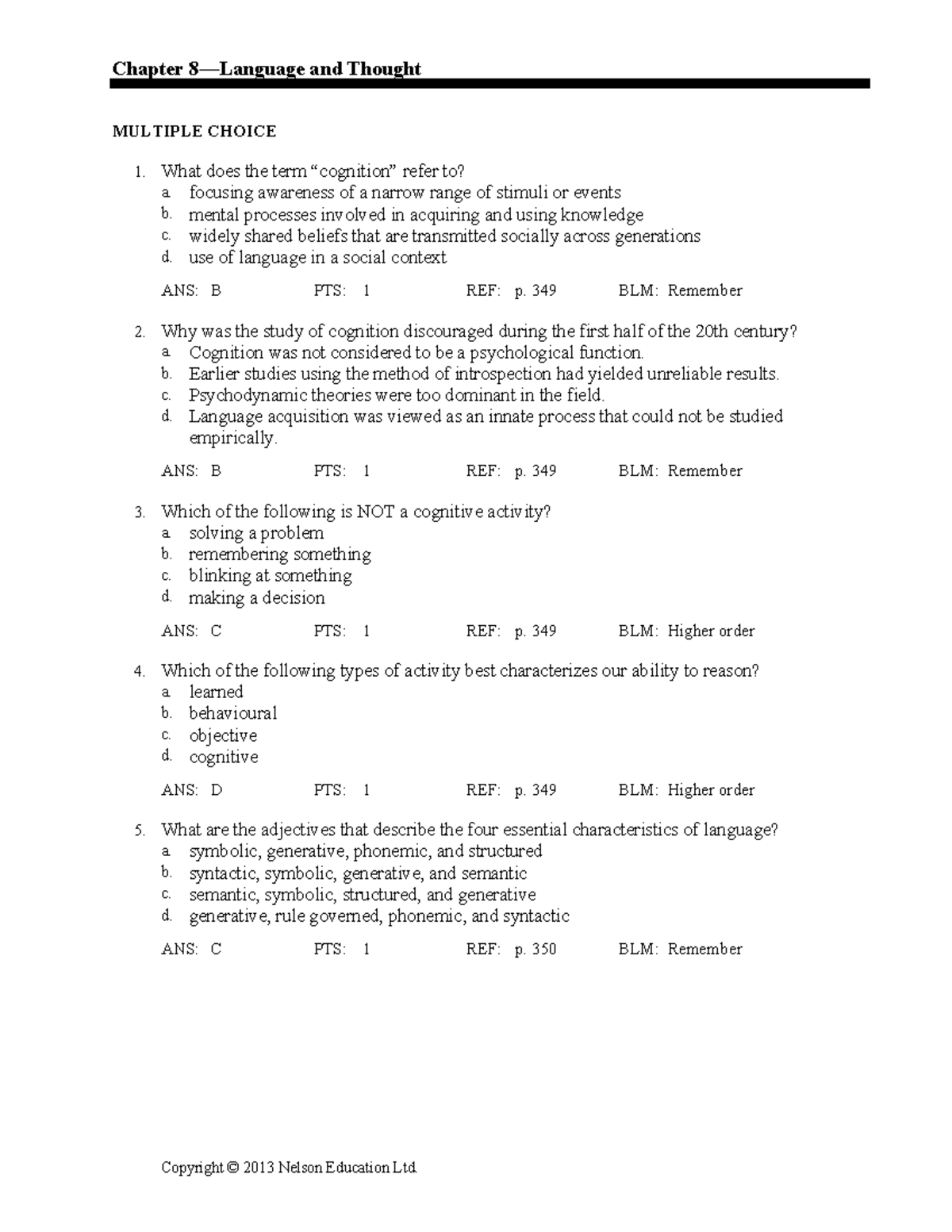 Chapter 8—language And Thought Testbank Questions - Chapter 8—language 