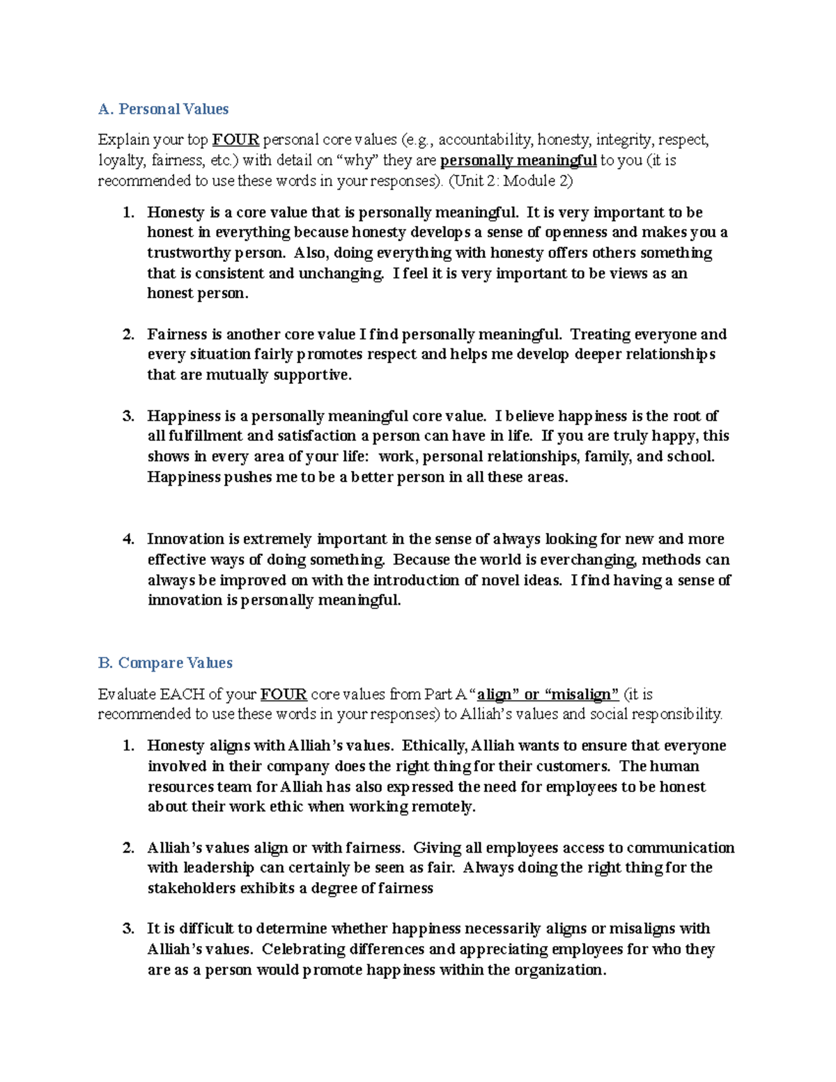 D082 Task 2 - Task 2 for D082 - A. Personal Values Explain your top ...