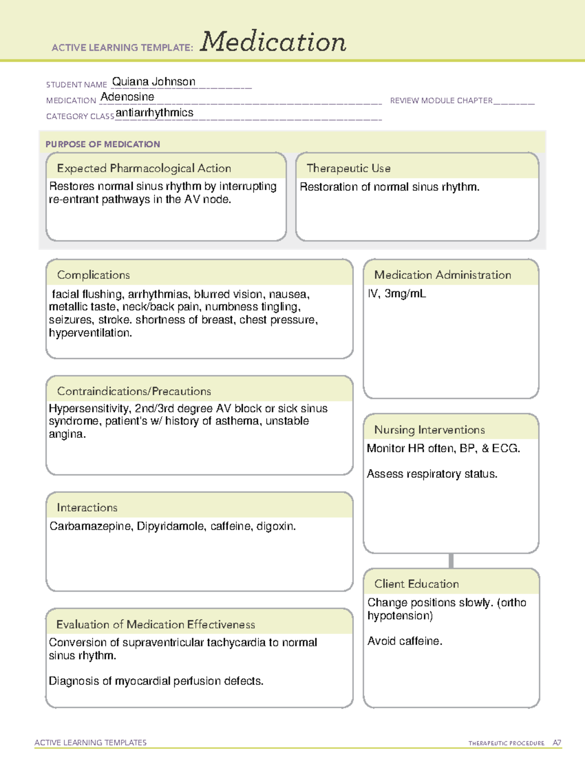 Adenosine Drug Card ACTIVE LEARNING TEMPLATES THERAPEUTIC PROCEDURE 