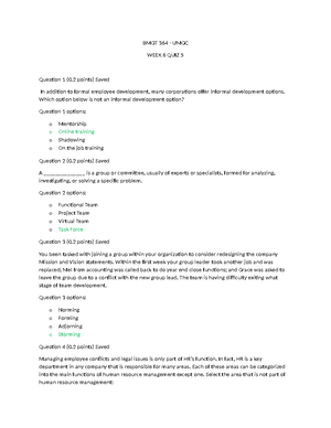 BMGT 364 Week 4 Quiz 3 - QUIZ GRADE: A - Question 1 (0 Points) Saved ...