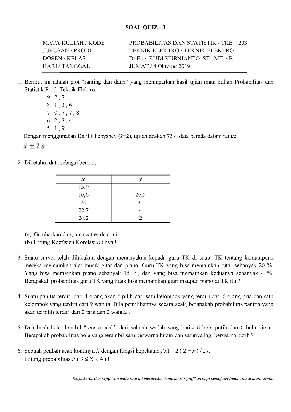 Q3 TEKNIK ELEKTRO - , MT. / B HARI / TANGGAL : JUMAT / 4 Oktober 2019 ...