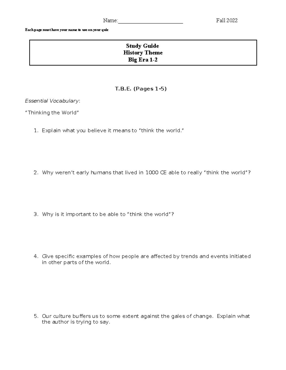 BE 1-2 Study guide 2022-1-1 - Name:_______________________ Fall 2022 ...