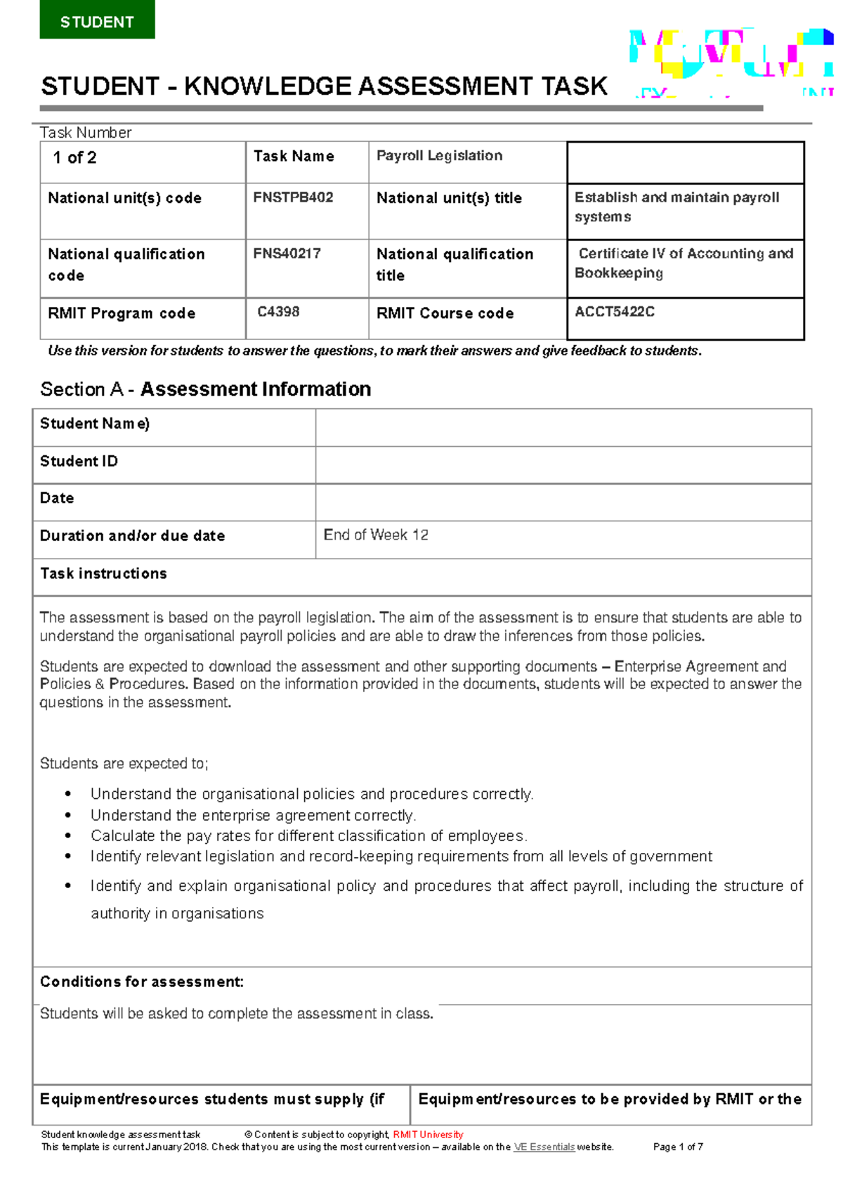 Payroll assignment - STUDENT - KNOWLEDGE ASSESSMENT TASK Task Number 1 ...