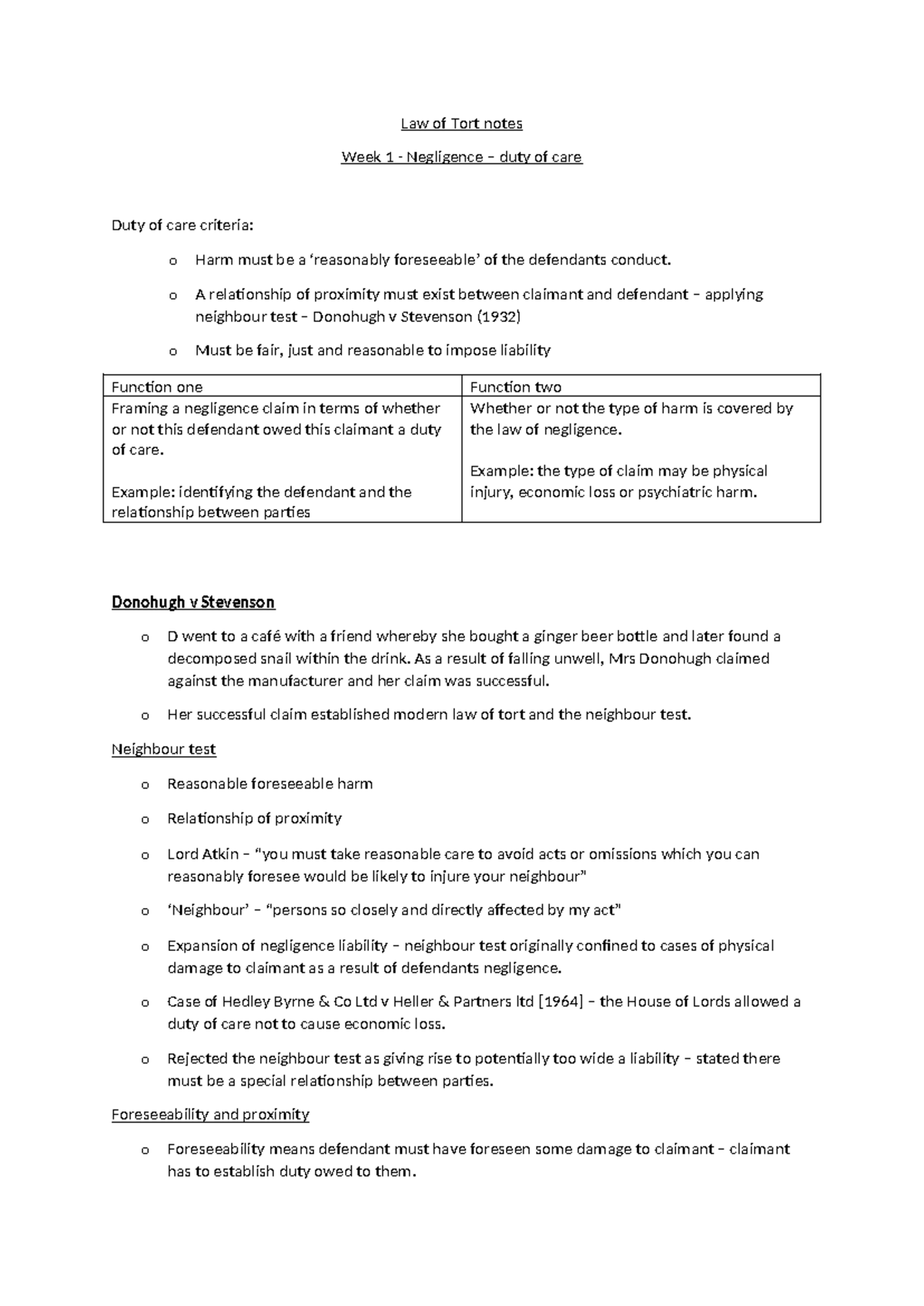 Law of Tort notes - Law of Tort notes Week 1 - Negligence – duty of ...