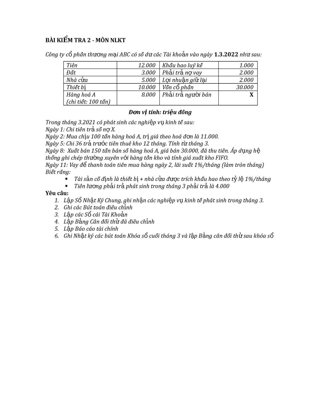 TEST 2 - NLKT - Bài Tập - BÀI KI M TRA 2 - MÔN NLKT Ể Công Ty C Phầần ...