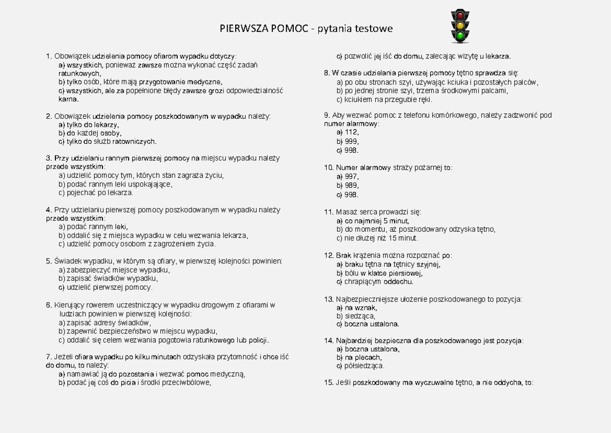 Pierwsza Pomoc Sprawdzian Liceum Nowa Era - Karta rowerowa - test pierwsza pomoc - PIERWSZA POMOC - pytania testowe
