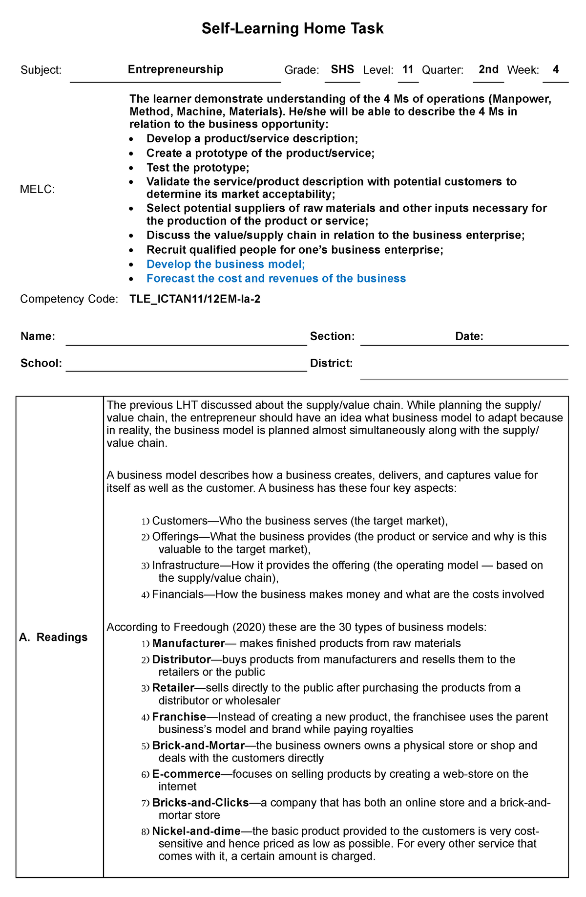 Business Model - Lecture - Self-Learning Home Task Subject ...