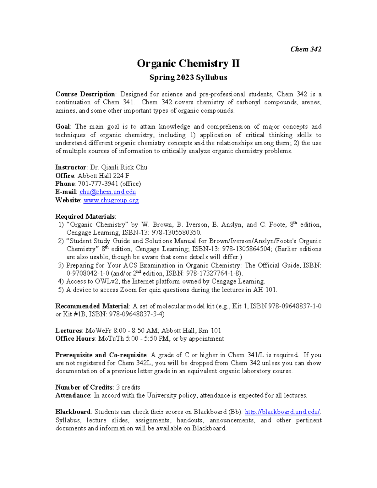 Chem 342 Syllabus - 2023S - Chem 342 Organic Chemistry II Spring 2023 ...