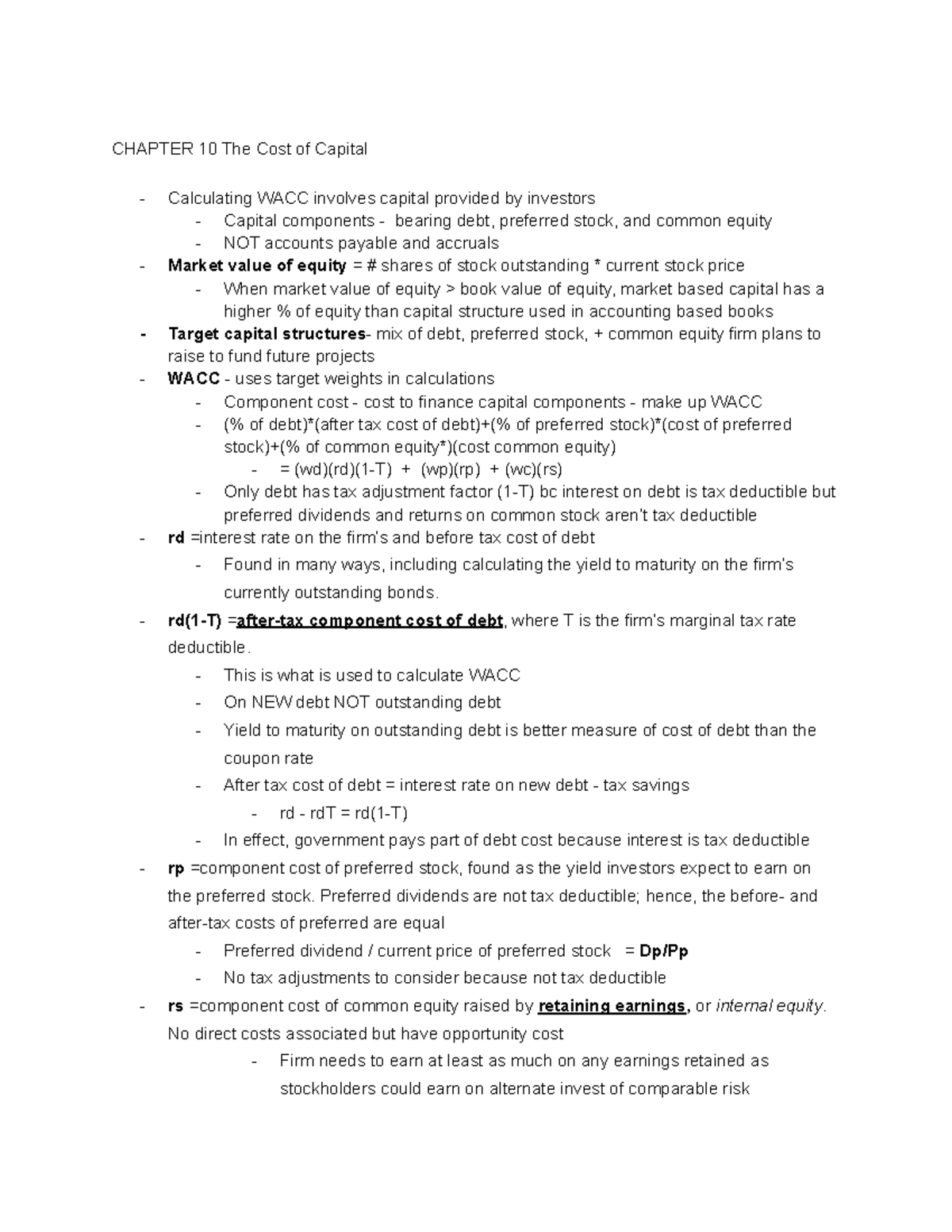 FIN 221 Chapter 10 Notes - CHAPTER 10 The Cost of Capital Calculating ...