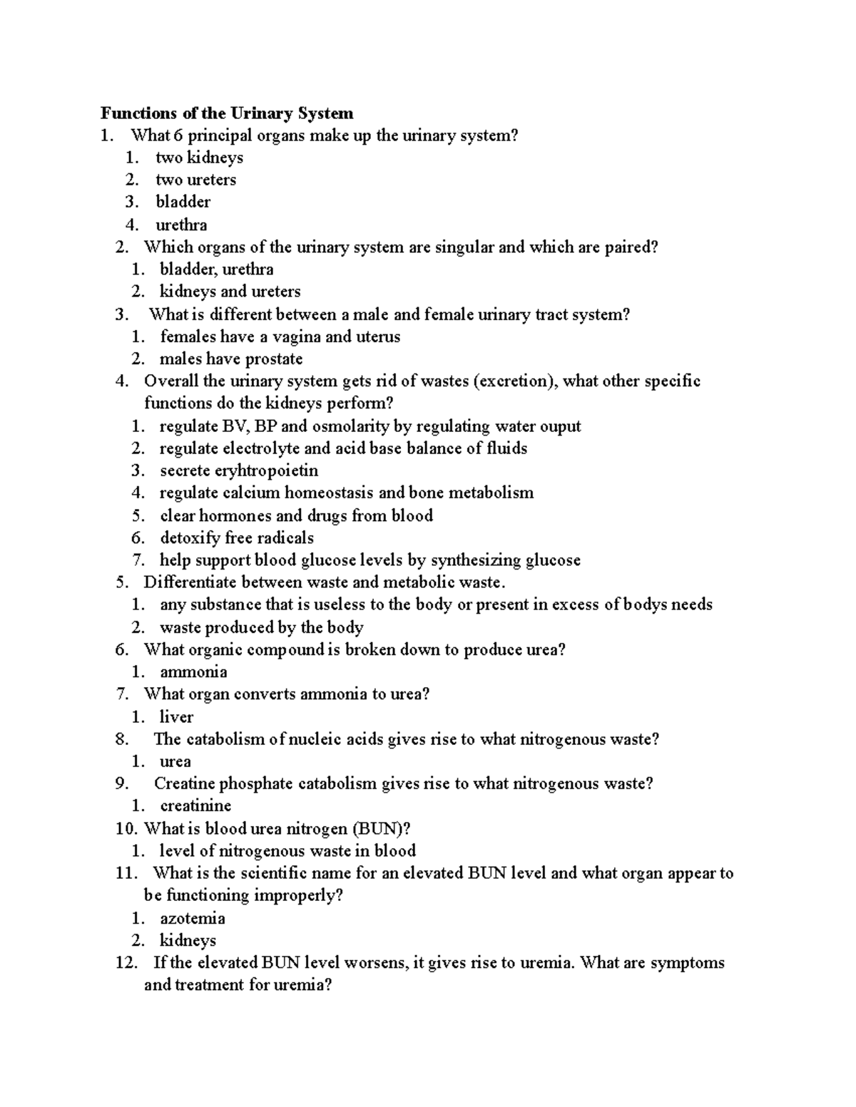 Ch 23 sg - Urinary System study guide for test - Functions of the ...