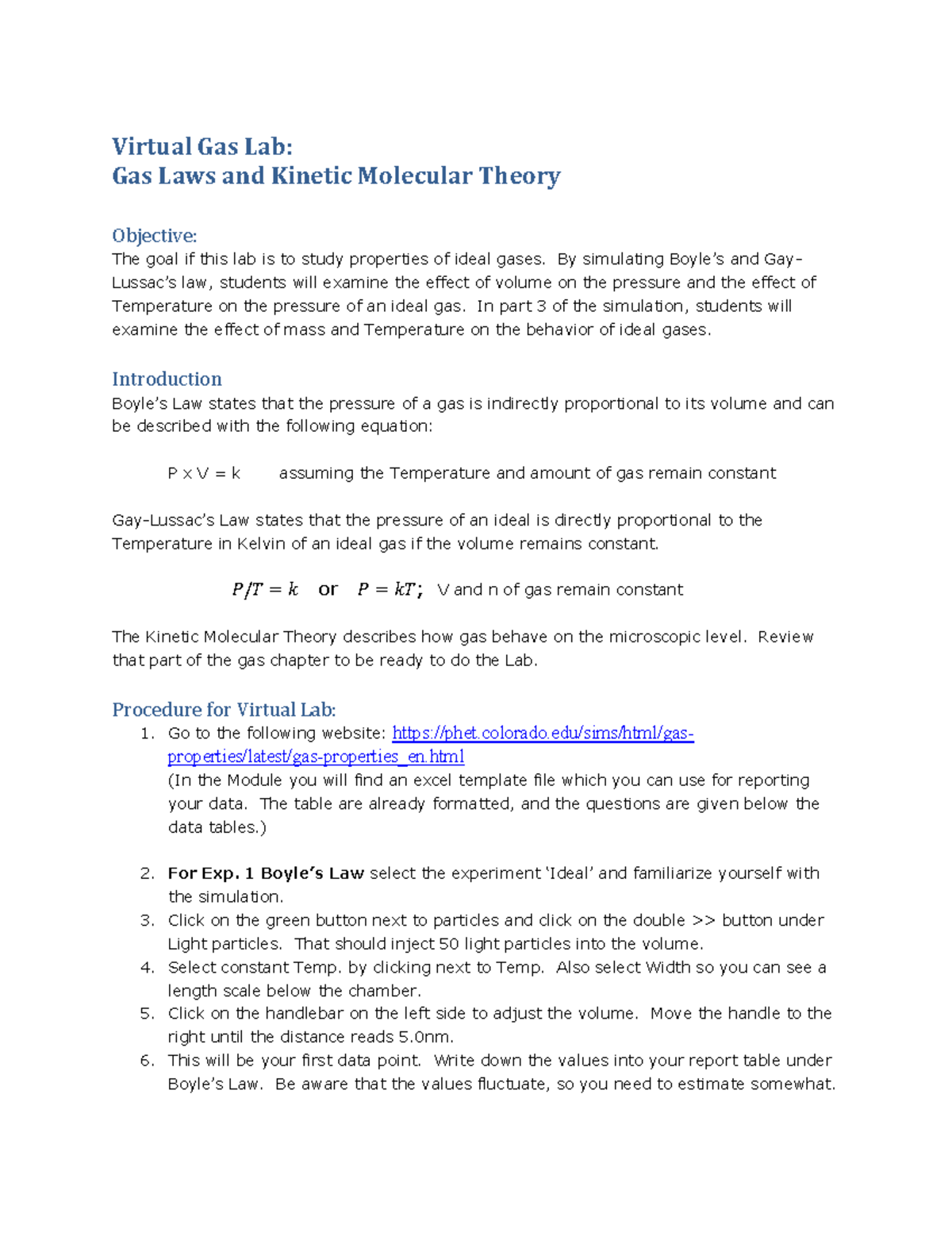 1A Fall20 Online Lab Gas Laws Virtual Gas Lab Gas Laws and