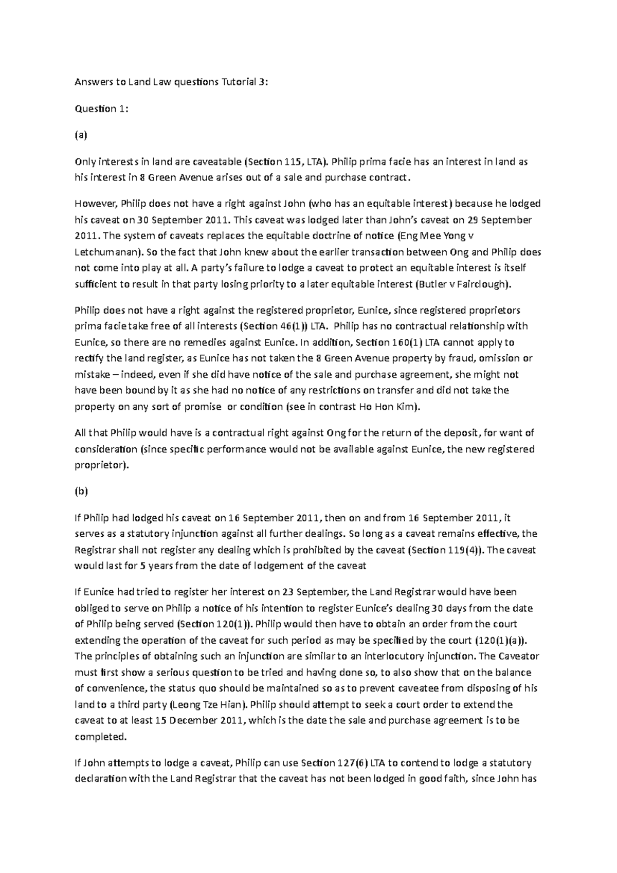 Answers to Land Law questions Tute 3 Answers to Land Law questions Tutorial 3 Question 1 (a