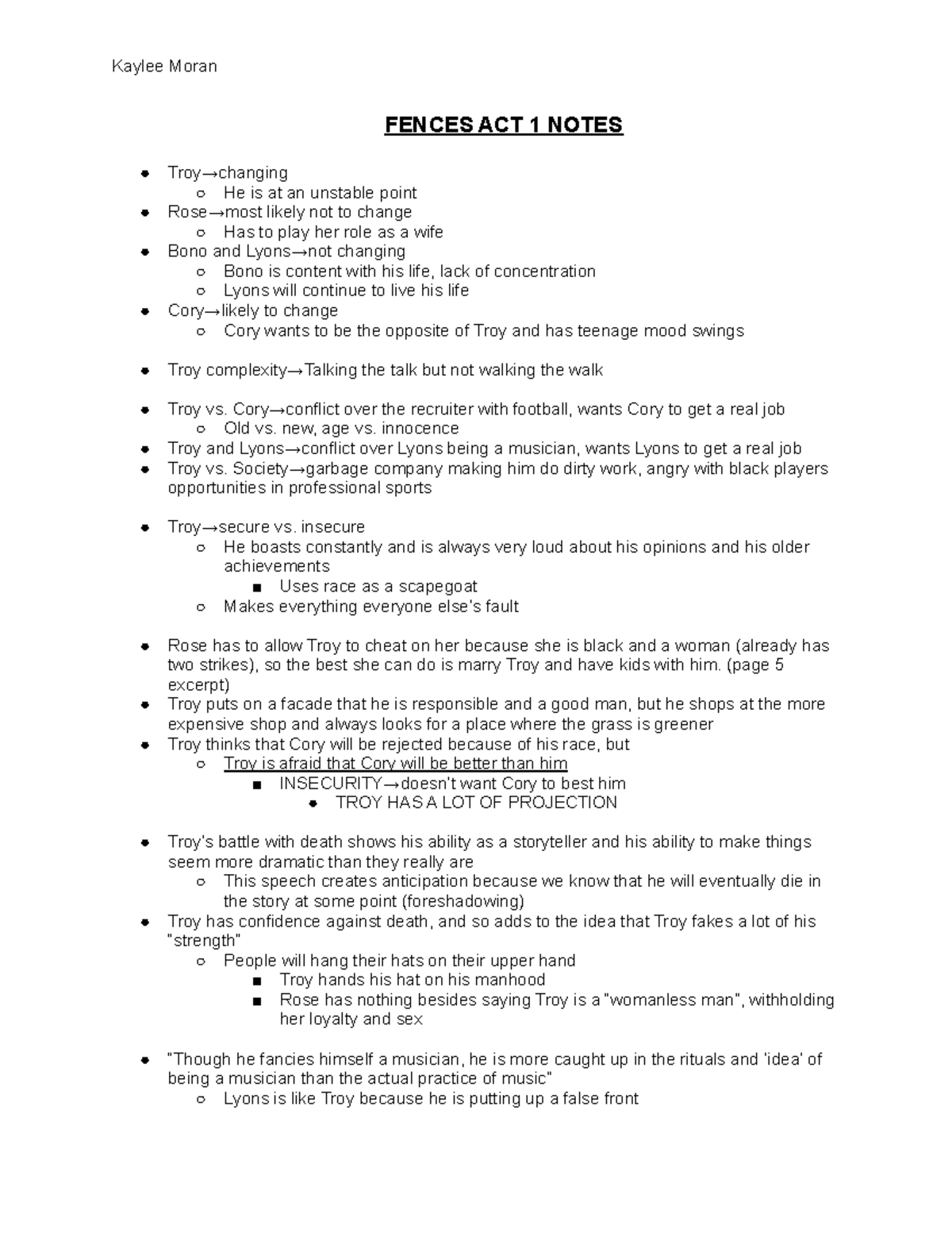 Fences Act 1 Notes Kaylee Moran FENCES ACT 1 NOTES Troy→changing He