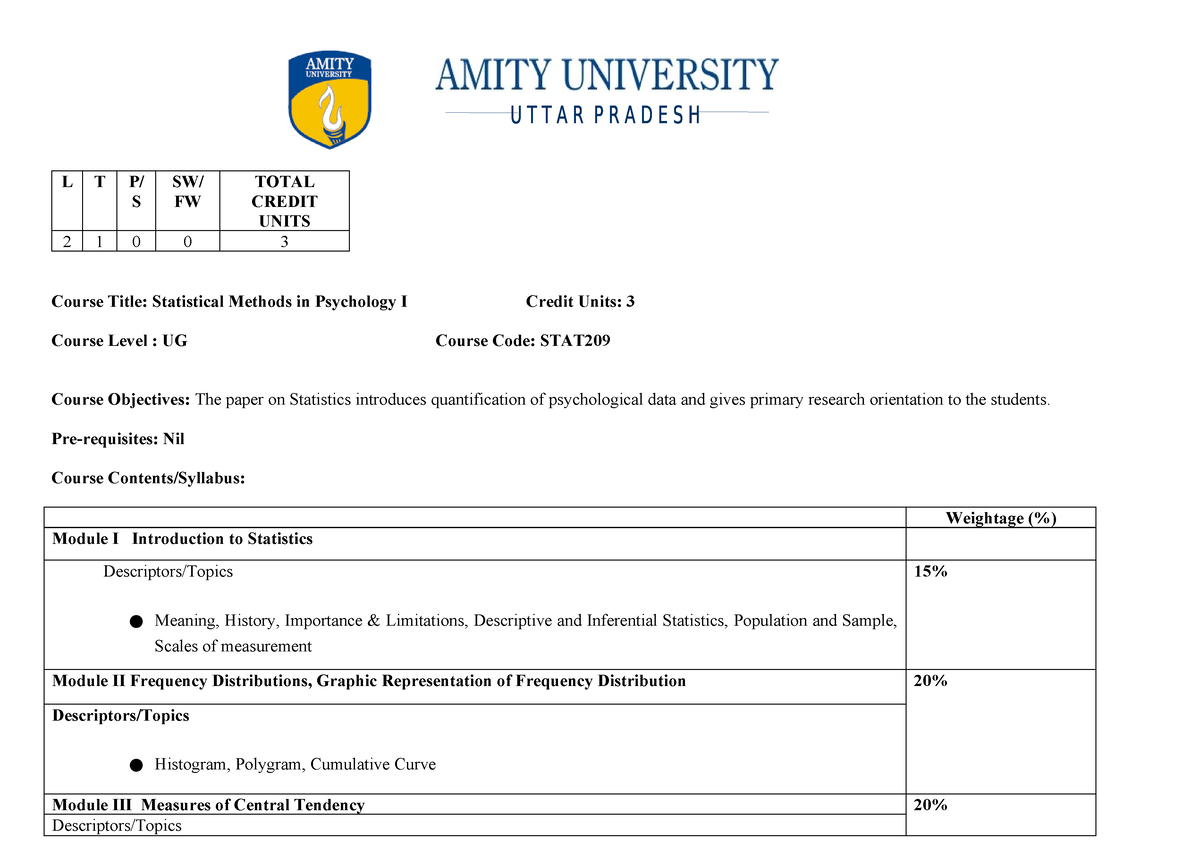 Stats syl - L T P/ S SW/ FW TOTAL CREDIT UNITS 2 1 0 0 3 Course Title ...