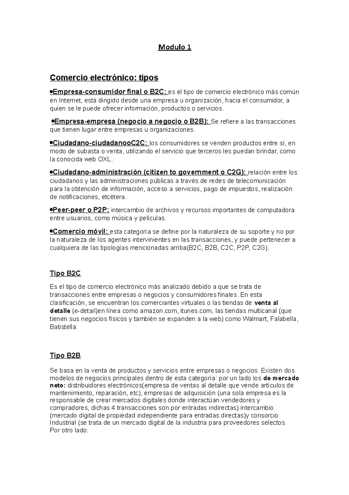 Modulo 1 - RESUMEN - Modulo 1 Comercio electrónico: tipos   Empresa-consumidor final o B2C: es el - Studocu