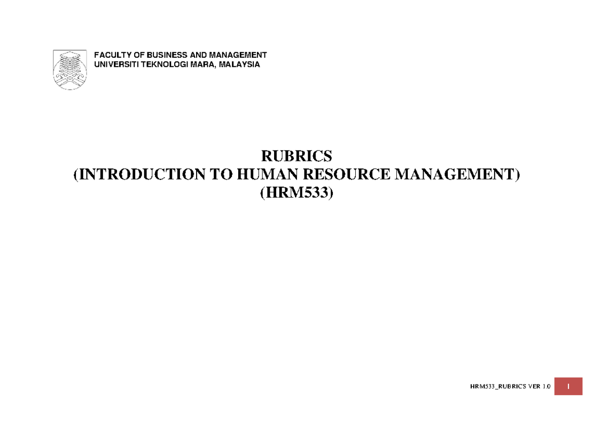 Rubrics HRM533 2021 And HRM533 Scheme Of Work 2021 - UNIVERSITI ...