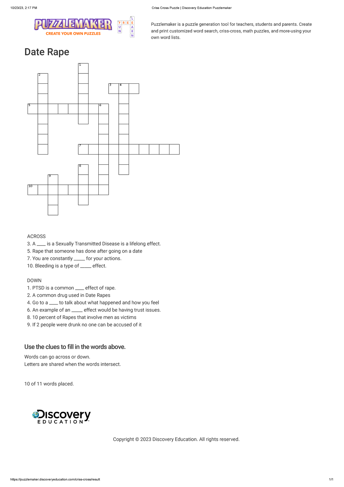 Criss Cross Puzzle Discovery Education Puzzlemaker 10/23/23, 217 PM