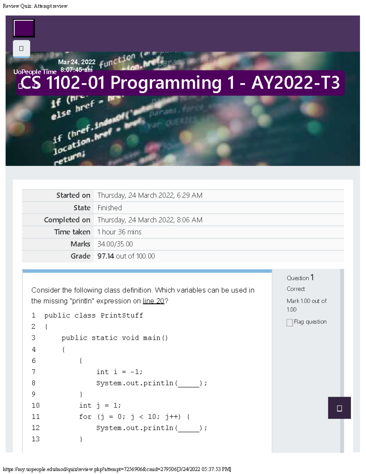 Uopeople - CS 1102-01 Programming 1 - AY2022-T3 - Review Quiz: Attempt ...