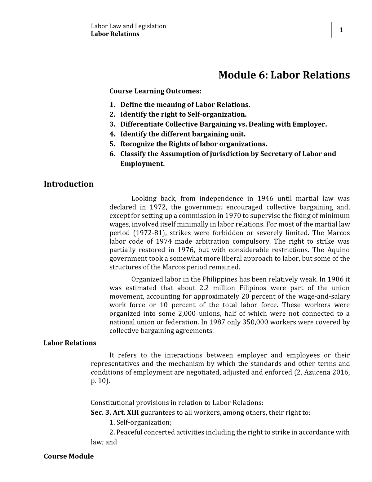 W10 Module 6 Labor Relations Labor Relations 1 Module 6 Labor