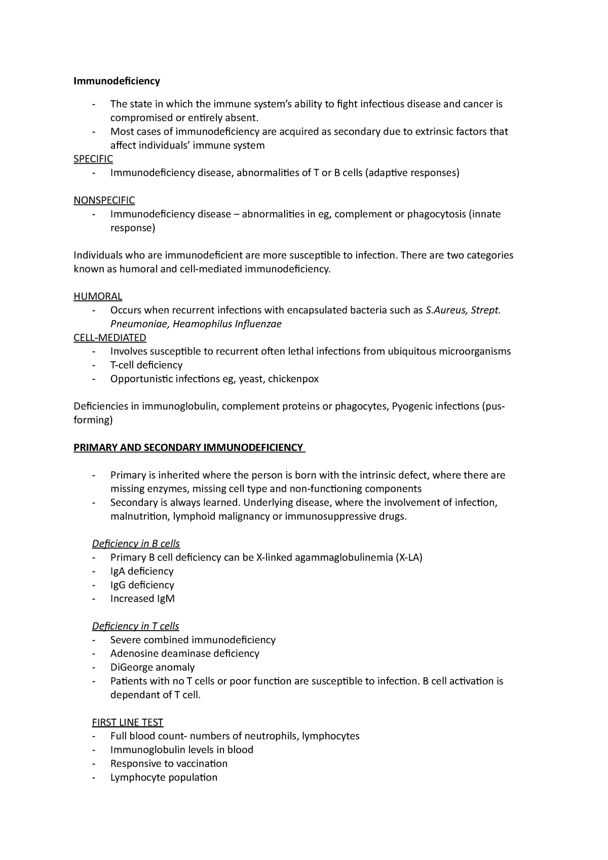 Immunodeficiency Notes - Immunodeficiency The state in which the immune ...