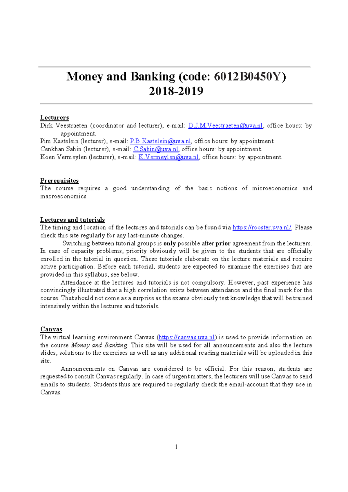 Money and banking Syllabus Money and Banking (code 6012B0450Y) 2018