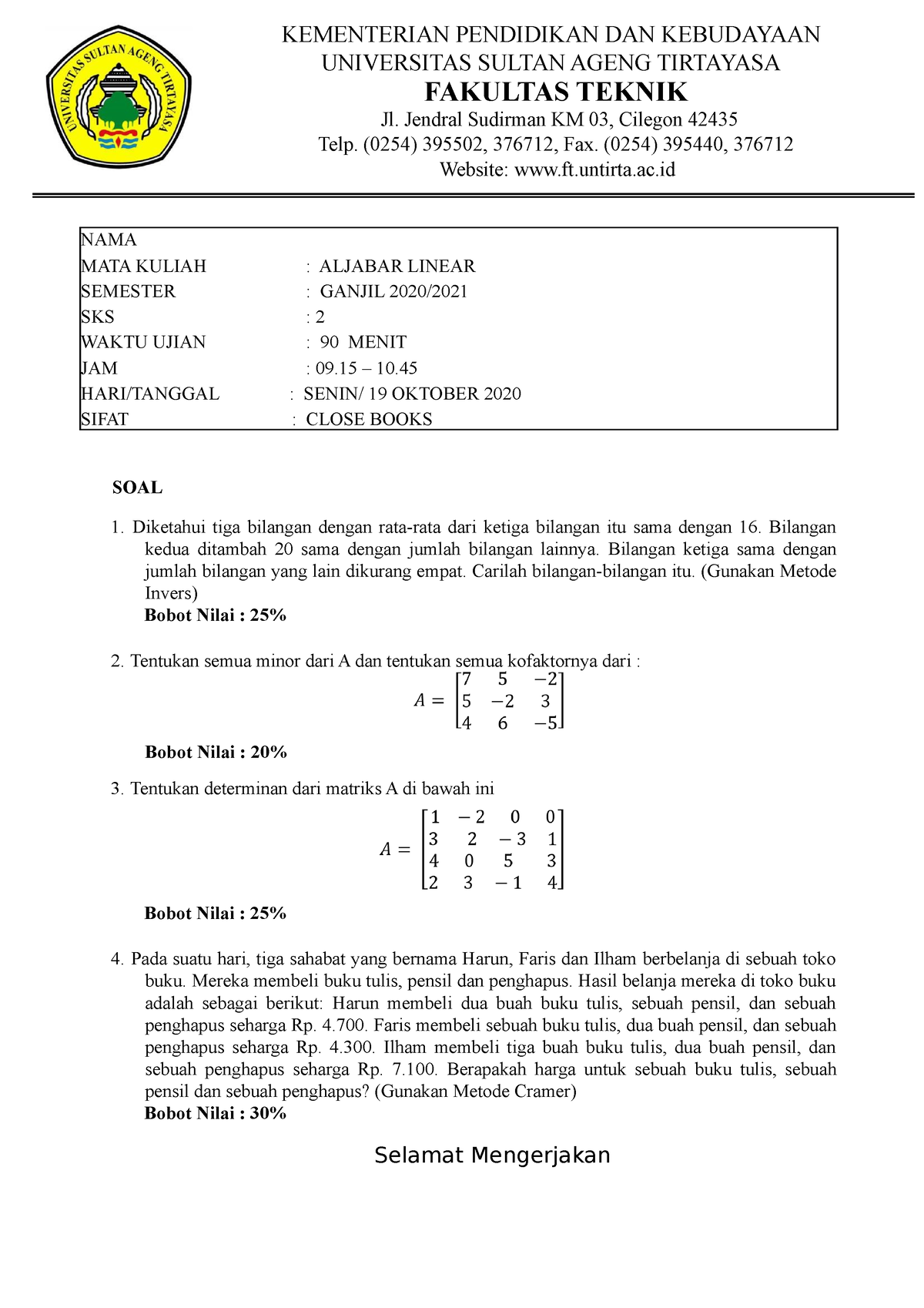 Soal UTS Dan UAS Aljabar Linear - KEMENTERIAN PENDIDIKAN DAN KEBUDAYAAN ...