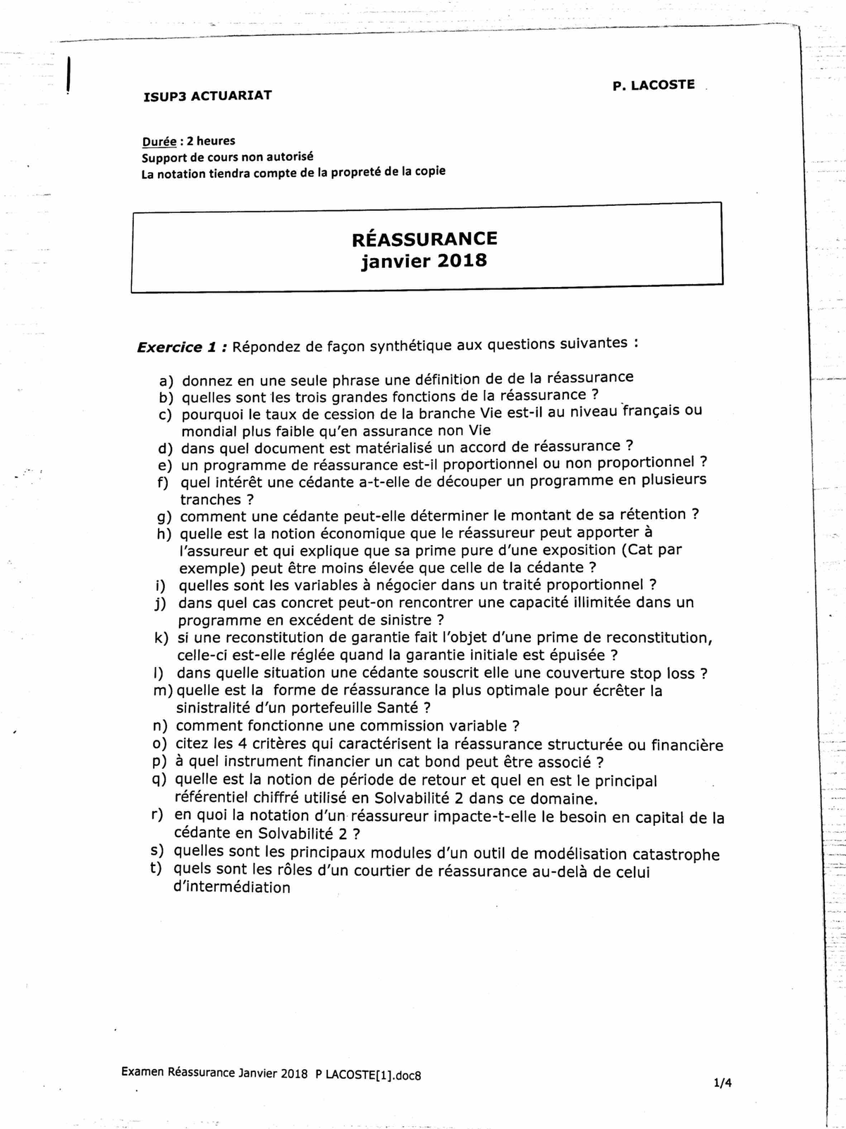 Exam reass 2018 - P. LACOSTE ISUP3 ACTUARIAT Durée 2 heures Support de ...