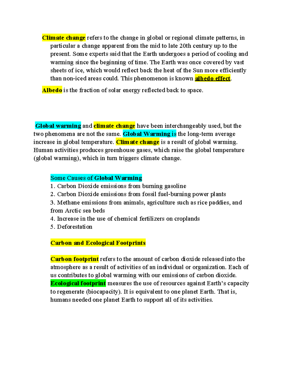 Climate change note - Climate change refers to the change in global or ...