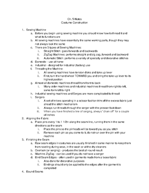 Chapter 5 Notes pt.1 and 2 - Ch. 5 Notes Costume Construction Sewing ...