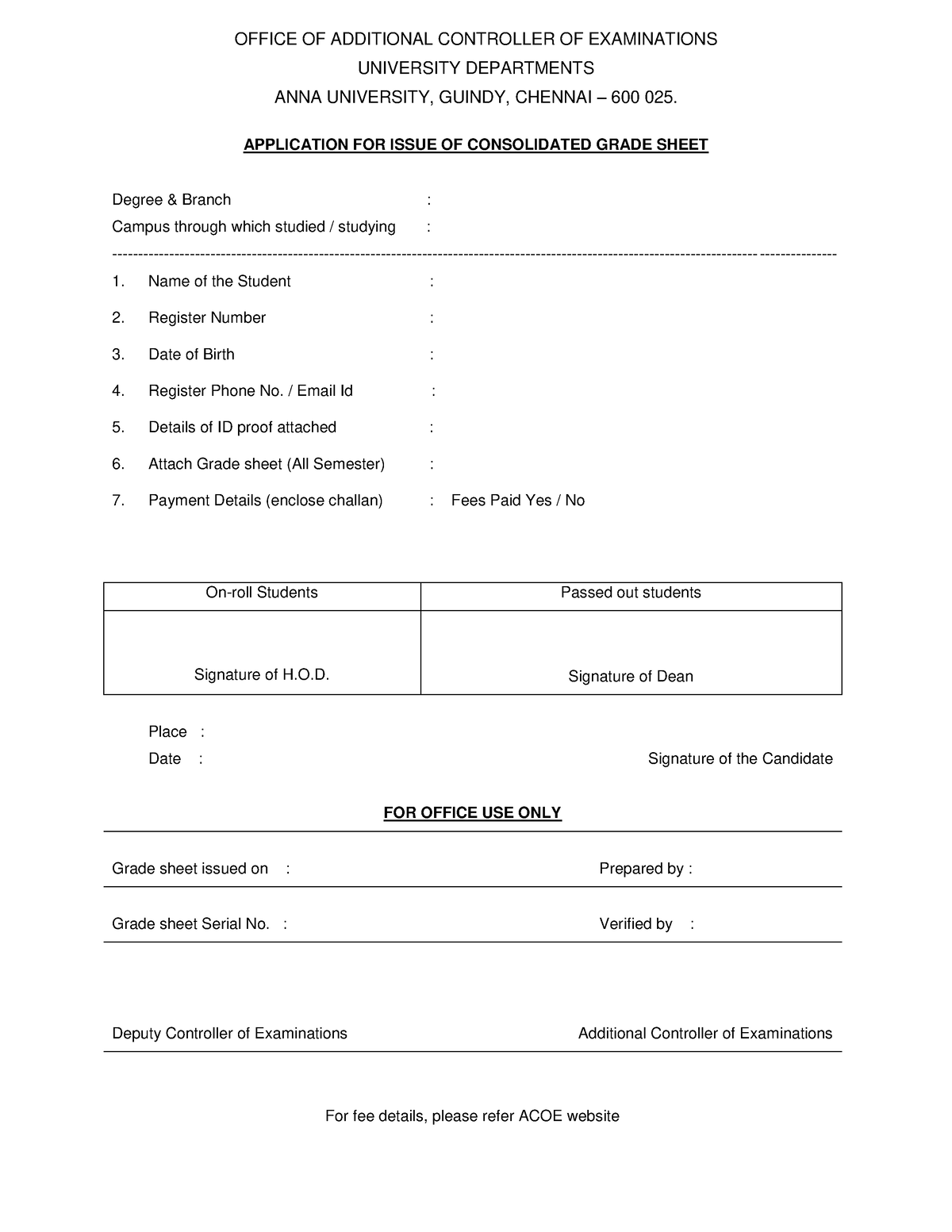 Application FOR Issue OF Consolidated Grade Sheet - OFFICE OF ...