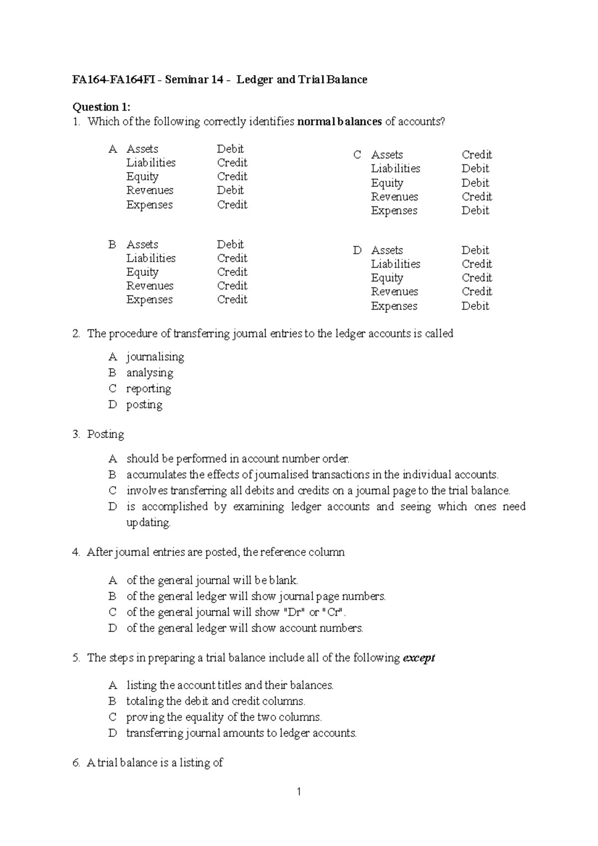 Seminar 14 - Ledger and Trial Balance - FA164-FA164FI - Seminar 14 ...
