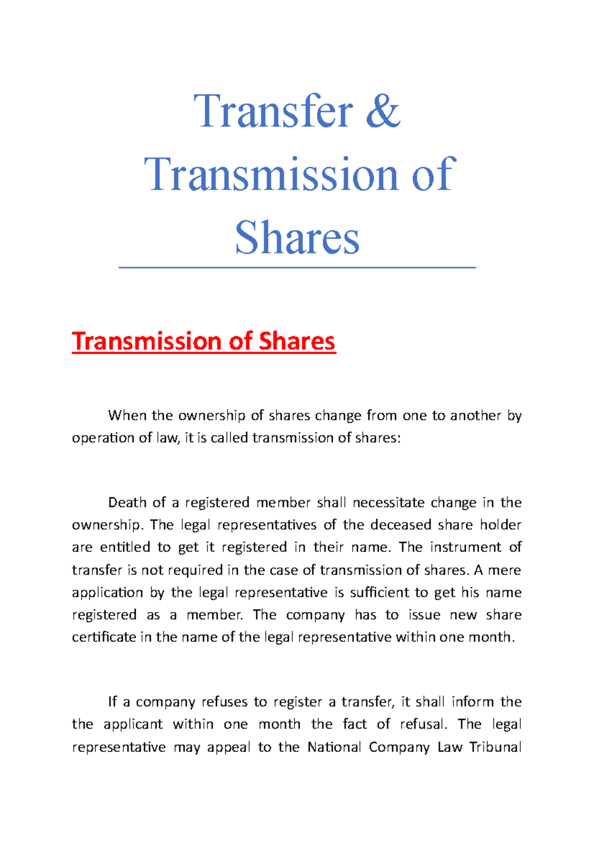 Transmission of Shares Transfer & Transmission of Shares Transmission