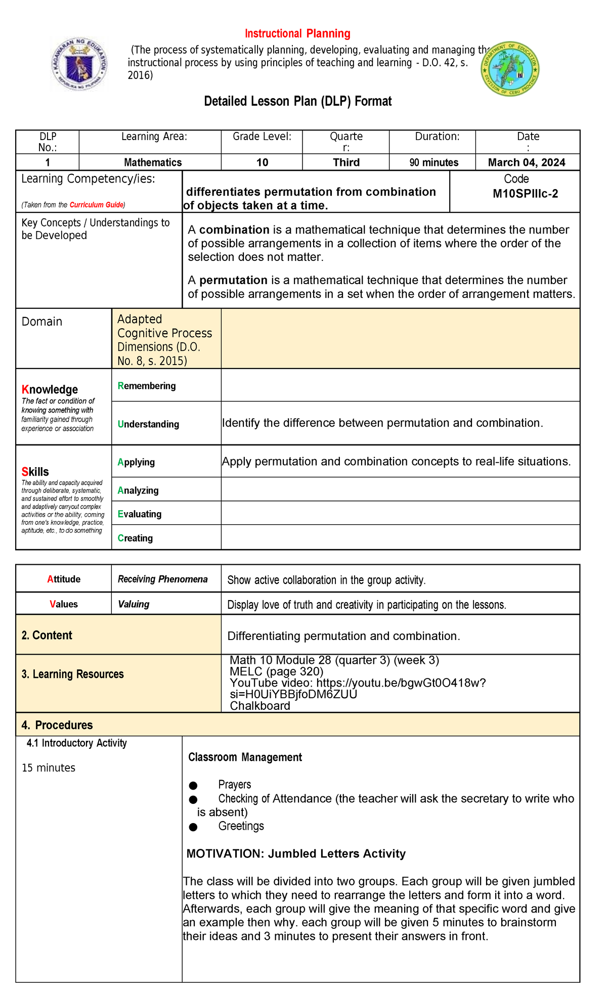 Dlp 1.1 Math 10 - Sample - Instructional Planning (the Process Of 