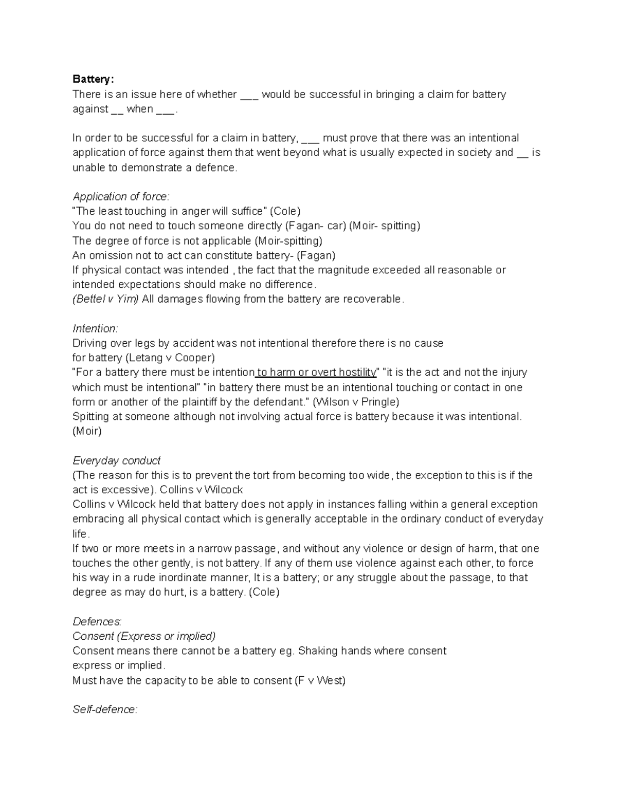 Torts cheatsheet - Battery etc - The Law of Torts - Victoria University ...