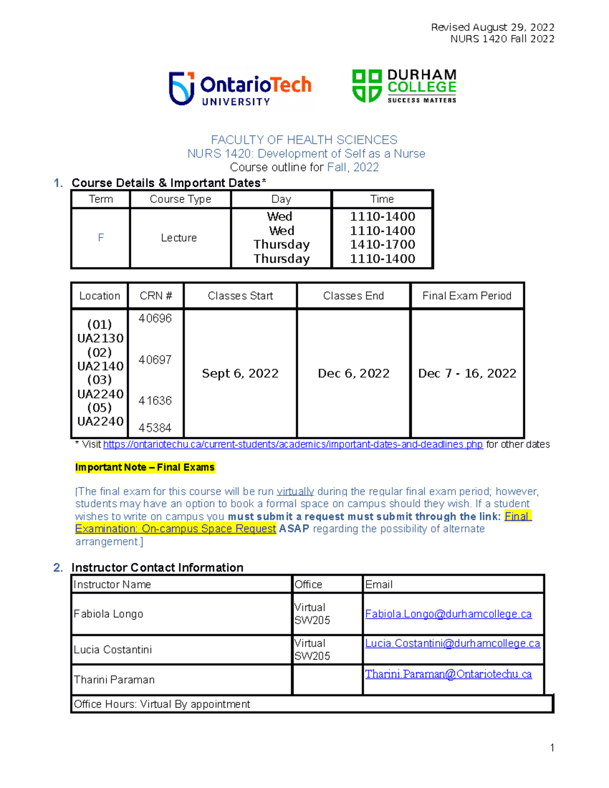 NURS 1420 Course Outline fall 2022 OT DC-5 - NURS 1420 Fall 2022 ...